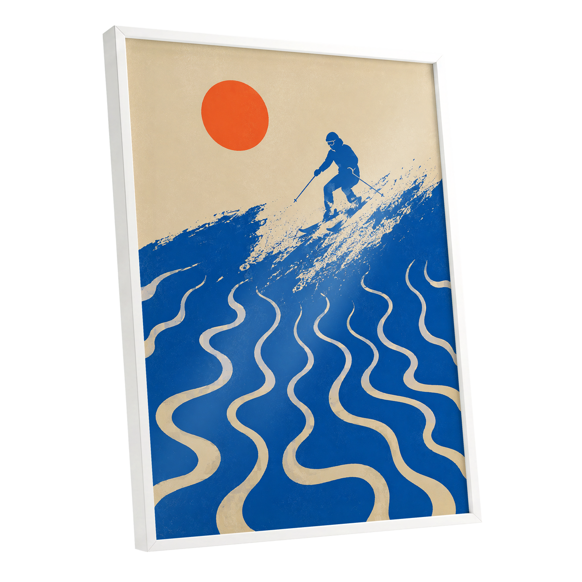 Sunlit Slalom, blue, beige, orange nature wall art shown as a white framed poster wall art print