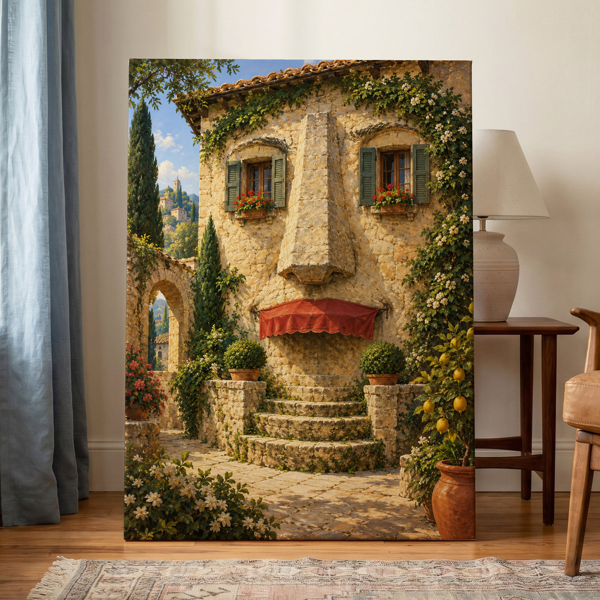 Sunlit Stone Retreat, beige, green, brown minimalist wall art on canvas displayed in a styled interior, gallery view 1