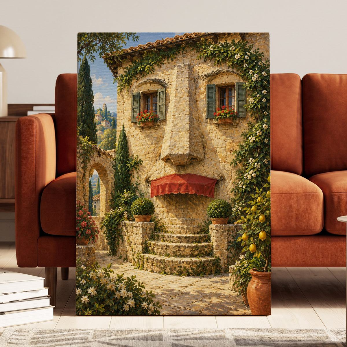 Sunlit Stone Retreat, beige, green, brown minimalist wall art on canvas displayed in a styled interior, gallery view 2