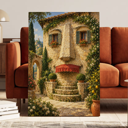 Sunlit Stone Retreat, beige, green, brown minimalist wall art on canvas displayed in a styled interior, gallery view 2