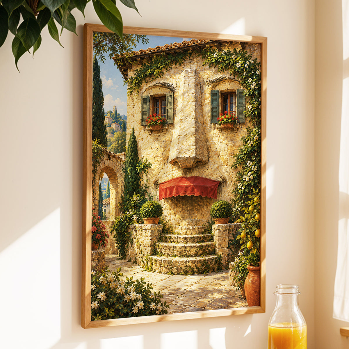 Sunlit Stone Retreat, beige, green, brown minimalist wall art displayed in a styled interior, gallery view 3
