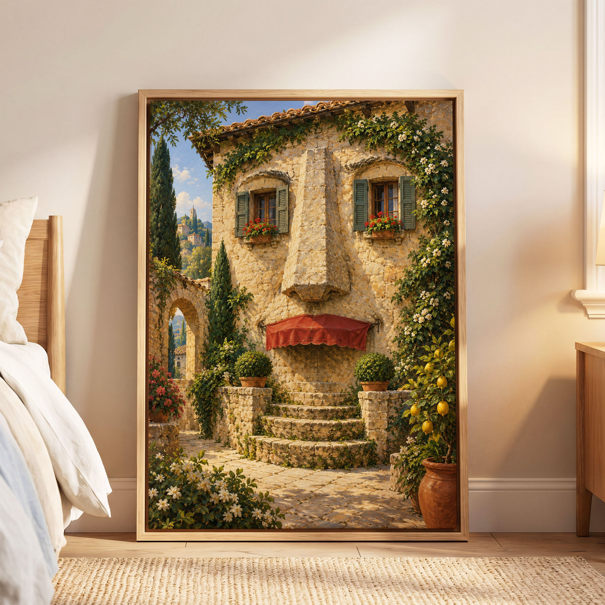 Sunlit Stone Retreat, beige, green, brown minimalist wall art displayed in a styled interior, gallery view 5