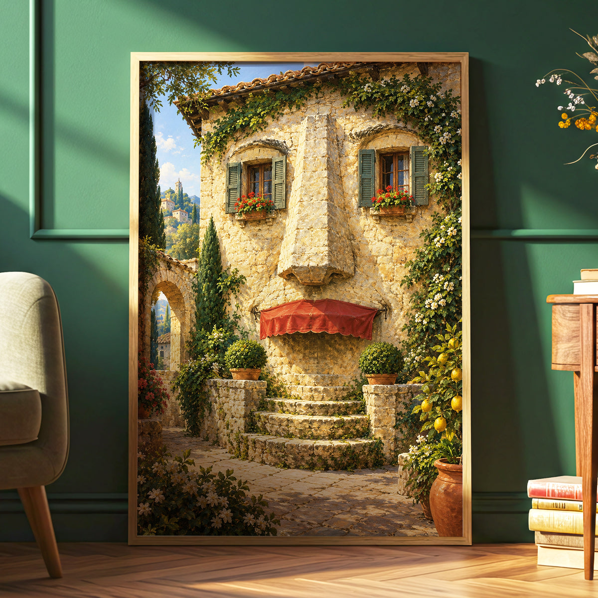 Sunlit Stone Retreat, beige, green, brown minimalist wall art displayed in a styled interior, gallery view 6