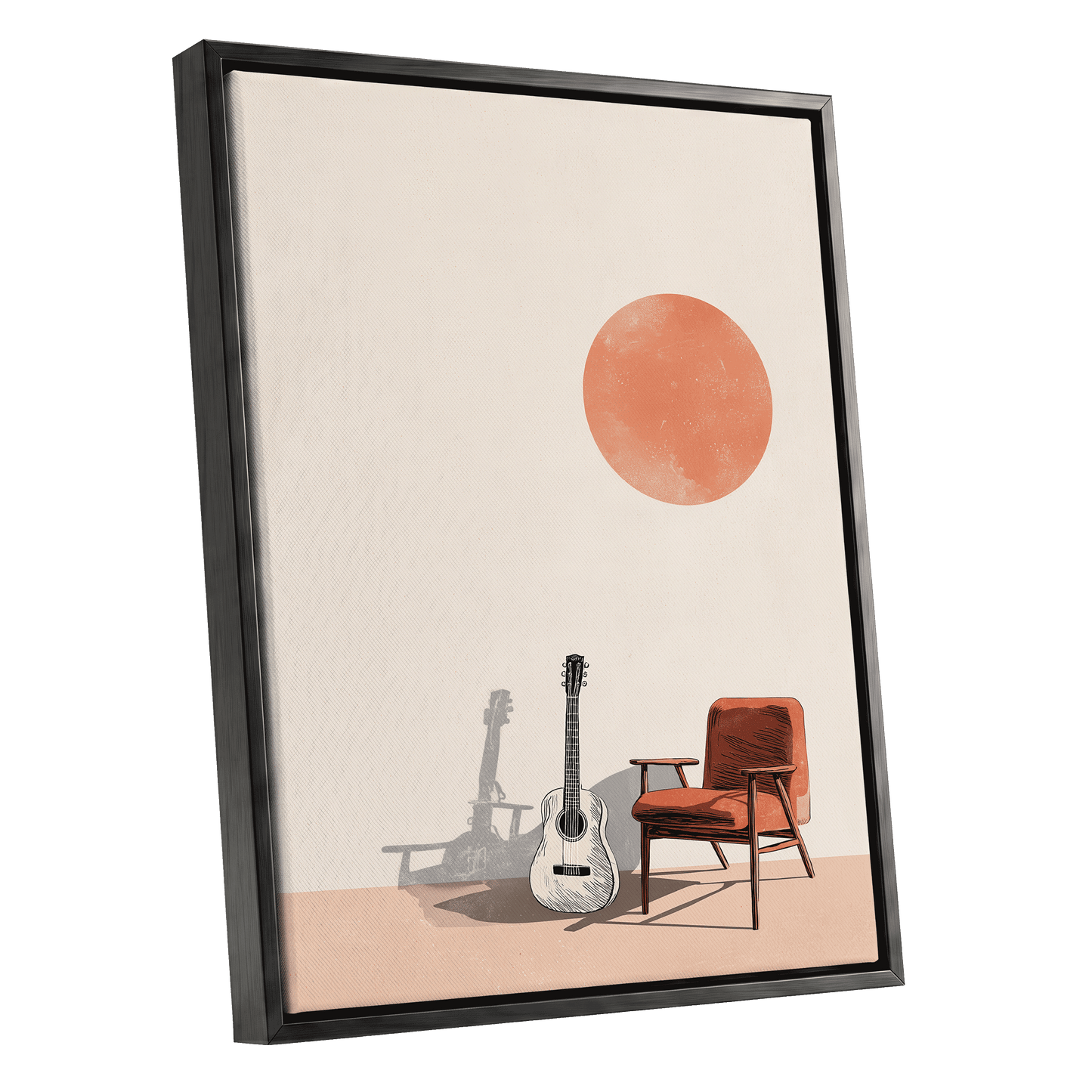 Sunlit Strings, beige, orange, brown minimalist wall art shown as a black framed canvas wall art