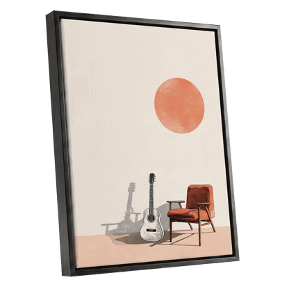 Sunlit Strings, beige, orange, brown minimalist wall art shown as a black framed canvas wall art