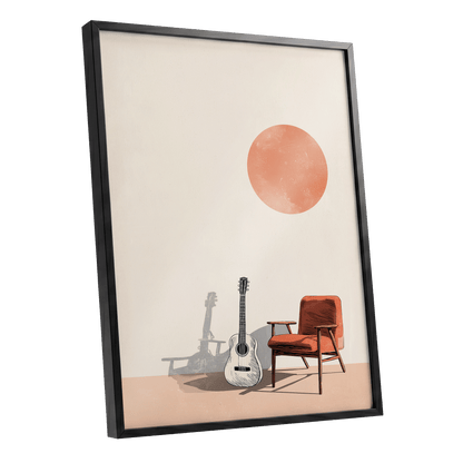 Sunlit Strings, beige, orange, brown minimalist wall art shown as a black framed poster wall art print