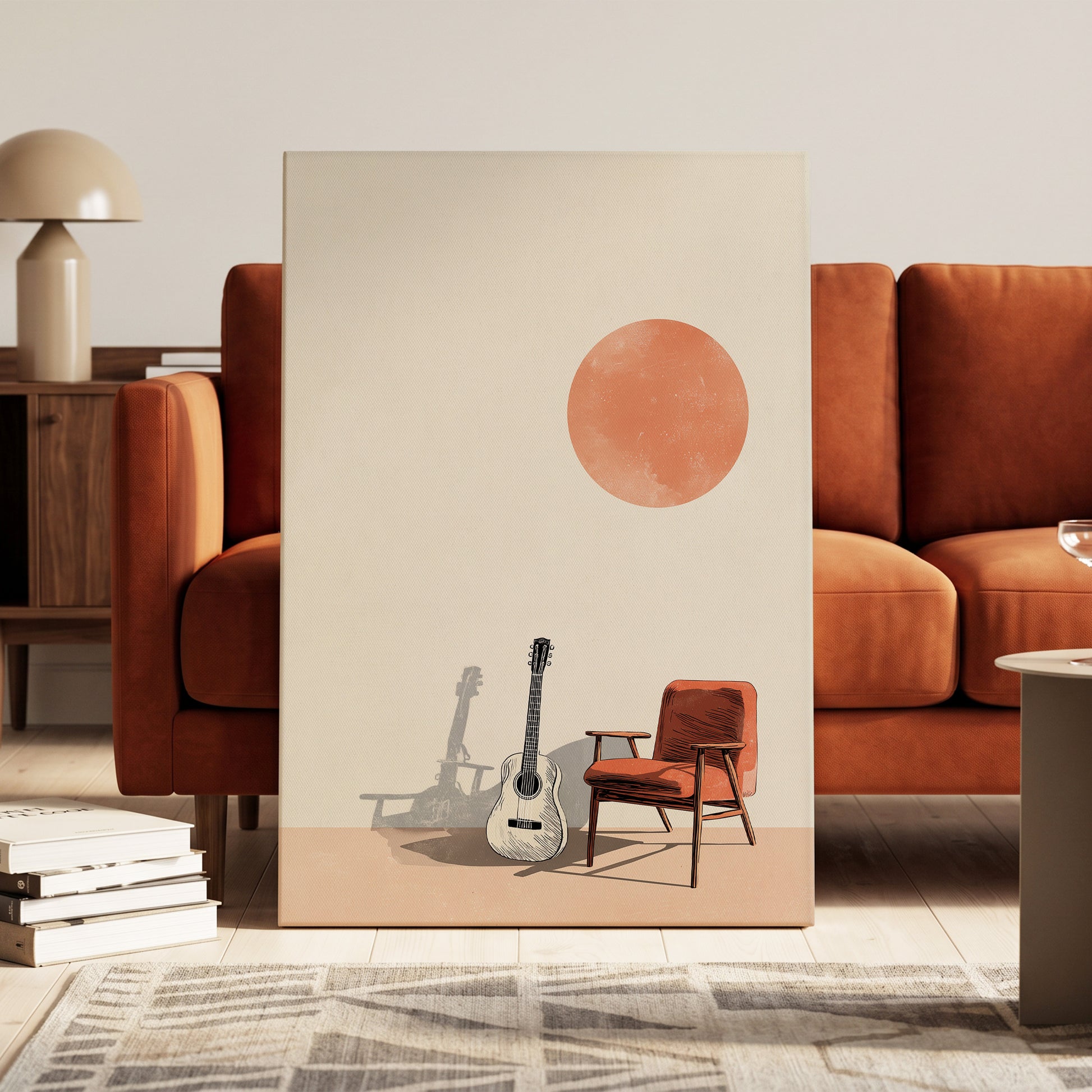 Sunlit Strings, beige, orange, brown minimalist wall art on canvas displayed in a styled interior, gallery view 1