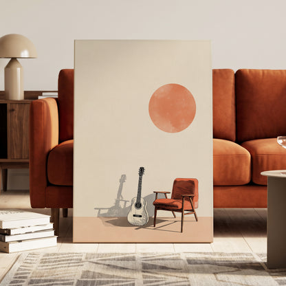 Sunlit Strings, beige, orange, brown minimalist wall art on canvas displayed in a styled interior, gallery view 1
