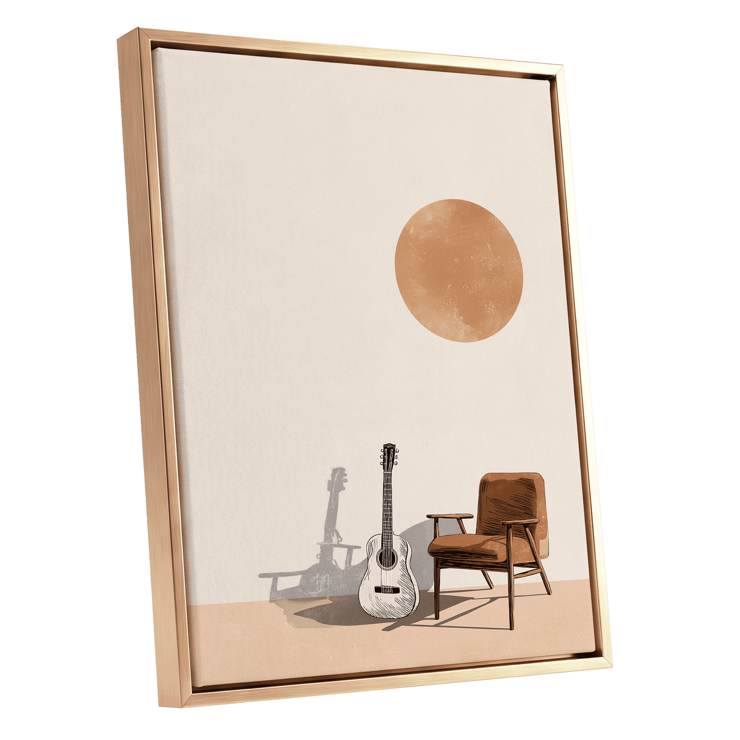 Sunlit Strings, beige, orange, brown minimalist wall art shown as a gold framed canvas wall art