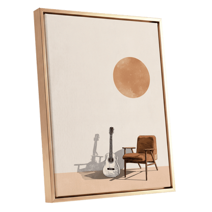 Sunlit Strings, beige, orange, brown minimalist wall art shown as a gold framed canvas wall art