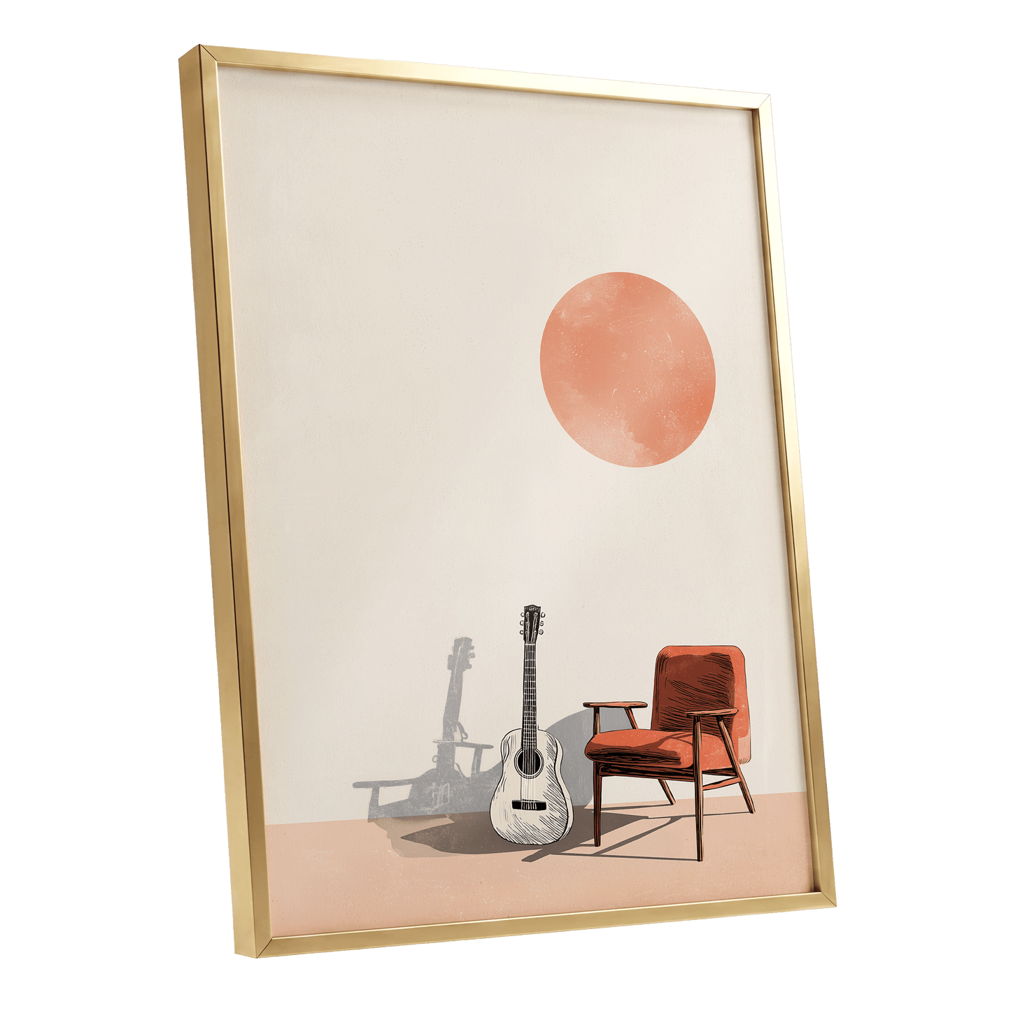 Sunlit Strings, beige, orange, brown minimalist wall art shown as a gold framed poster wall art print