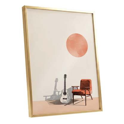 Sunlit Strings, beige, orange, brown minimalist wall art shown as a gold framed poster wall art print