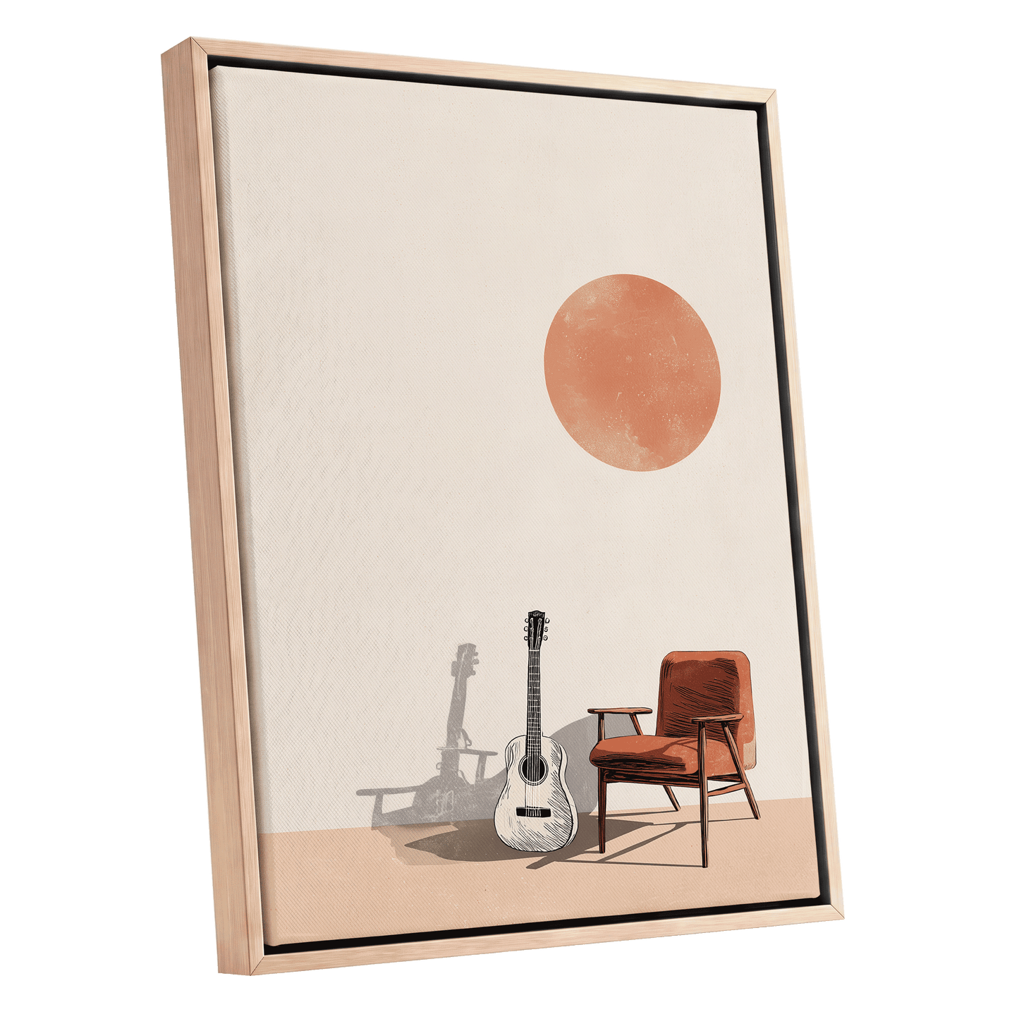 Sunlit Strings, beige, orange, brown minimalist wall art shown as a oak framed canvas wall art
