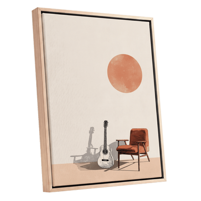 Sunlit Strings, beige, orange, brown minimalist wall art shown as a oak framed canvas wall art