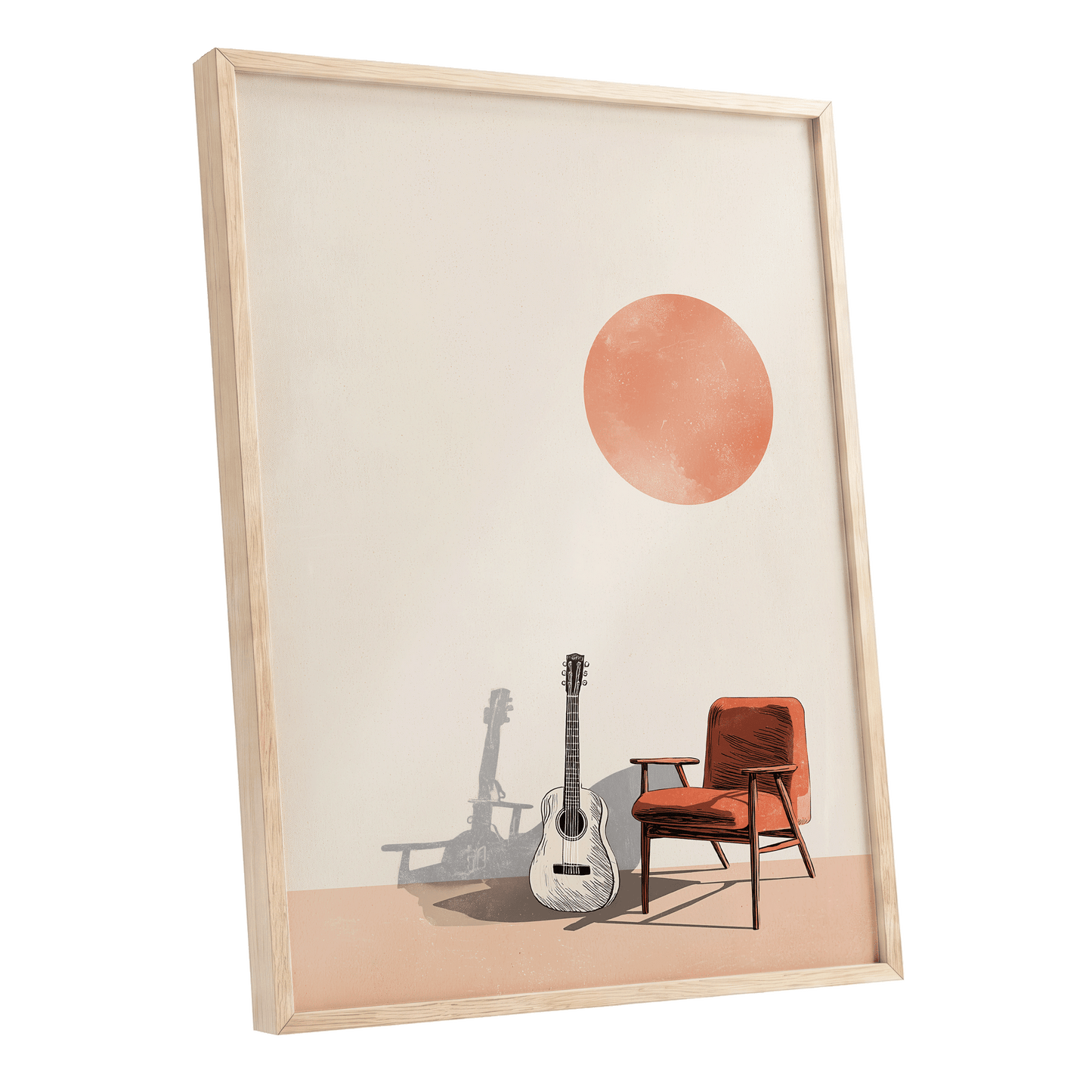 Sunlit Strings, beige, orange, brown minimalist wall art shown as a oak framed poster wall art print