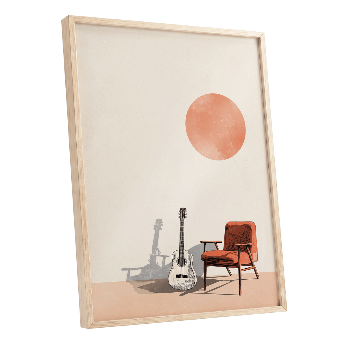 Sunlit Strings, beige, orange, brown minimalist wall art shown as a oak framed poster wall art print