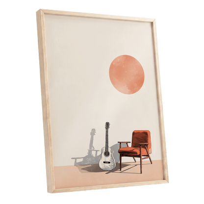 Sunlit Strings, beige, orange, brown minimalist wall art shown as a oak framed poster wall art print