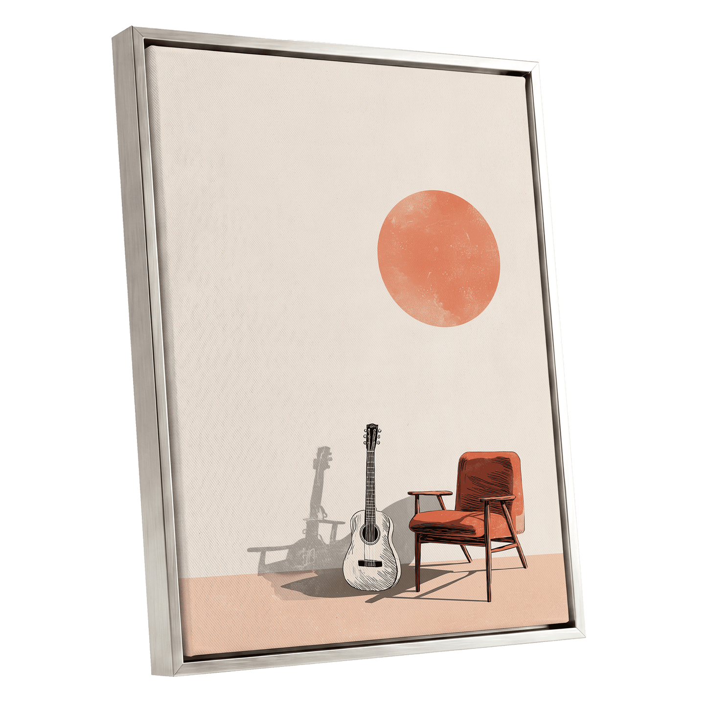Sunlit Strings, beige, orange, brown minimalist wall art shown as a silver framed canvas wall art