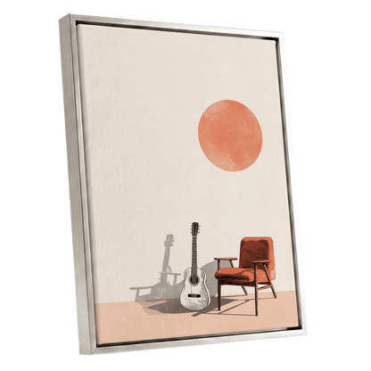 Sunlit Strings, beige, orange, brown minimalist wall art shown as a silver framed canvas wall art