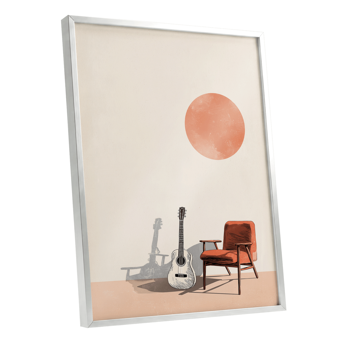 Sunlit Strings, beige, orange, brown minimalist wall art shown as a silver framed poster wall art print