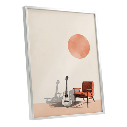 Sunlit Strings, beige, orange, brown minimalist wall art shown as a silver framed poster wall art print