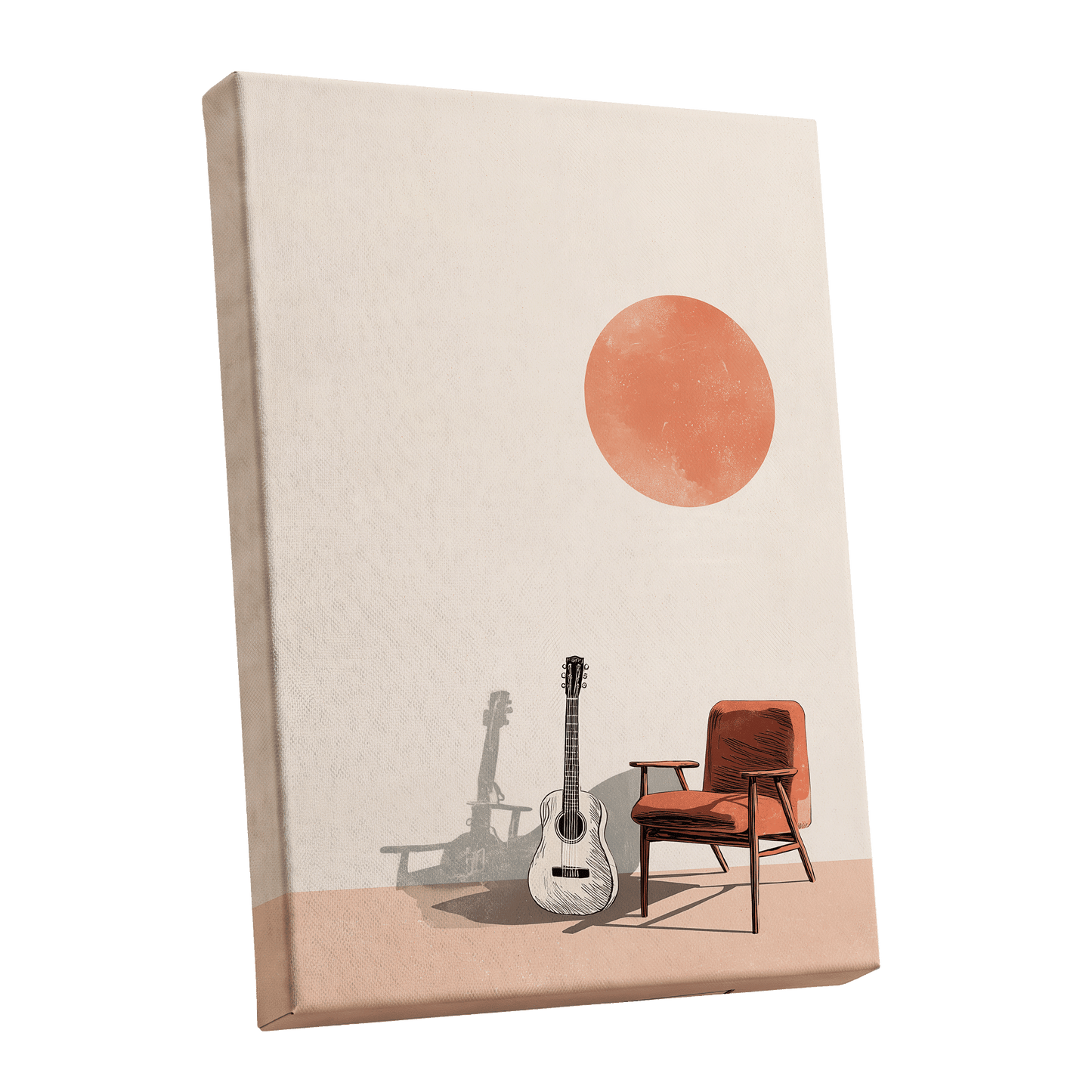Sunlit Strings, beige, orange, brown minimalist wall art shown as a stretched canvas wall art