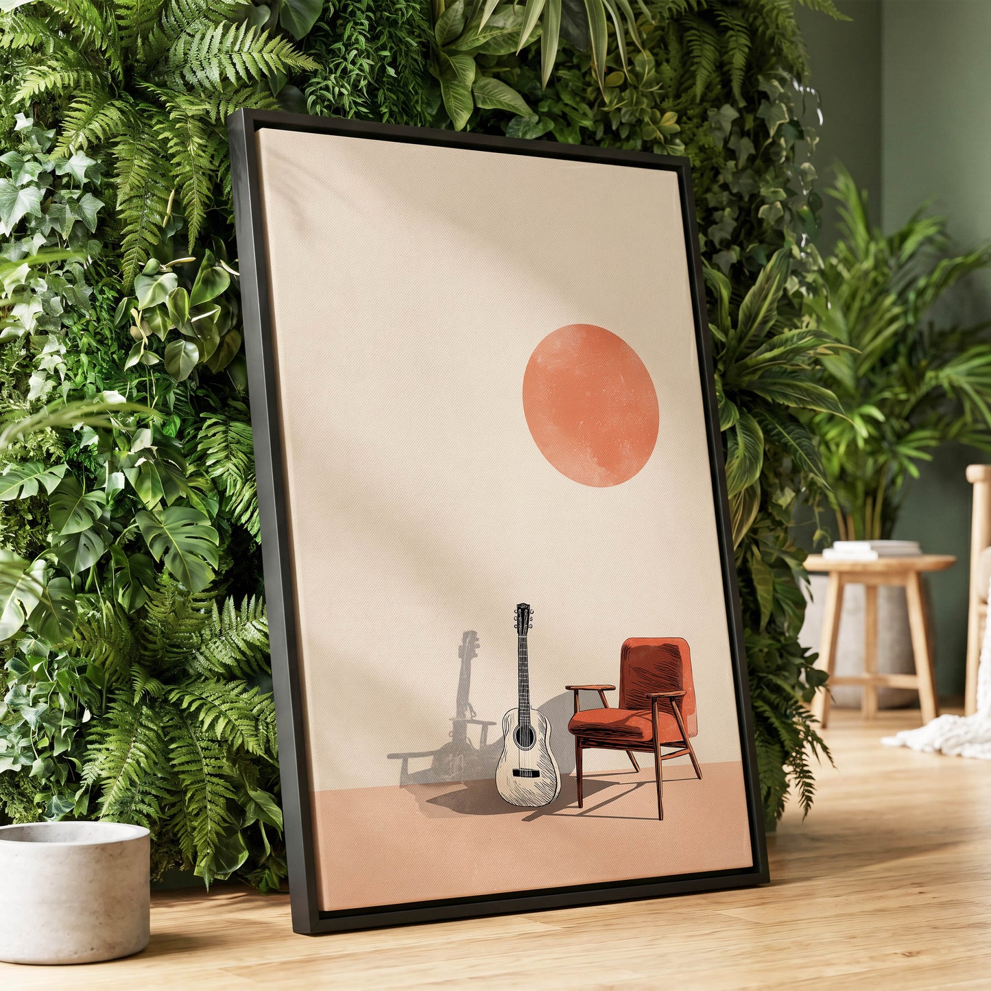 Sunlit Strings, beige, orange, brown minimalist wall art displayed in a styled interior, gallery view 1