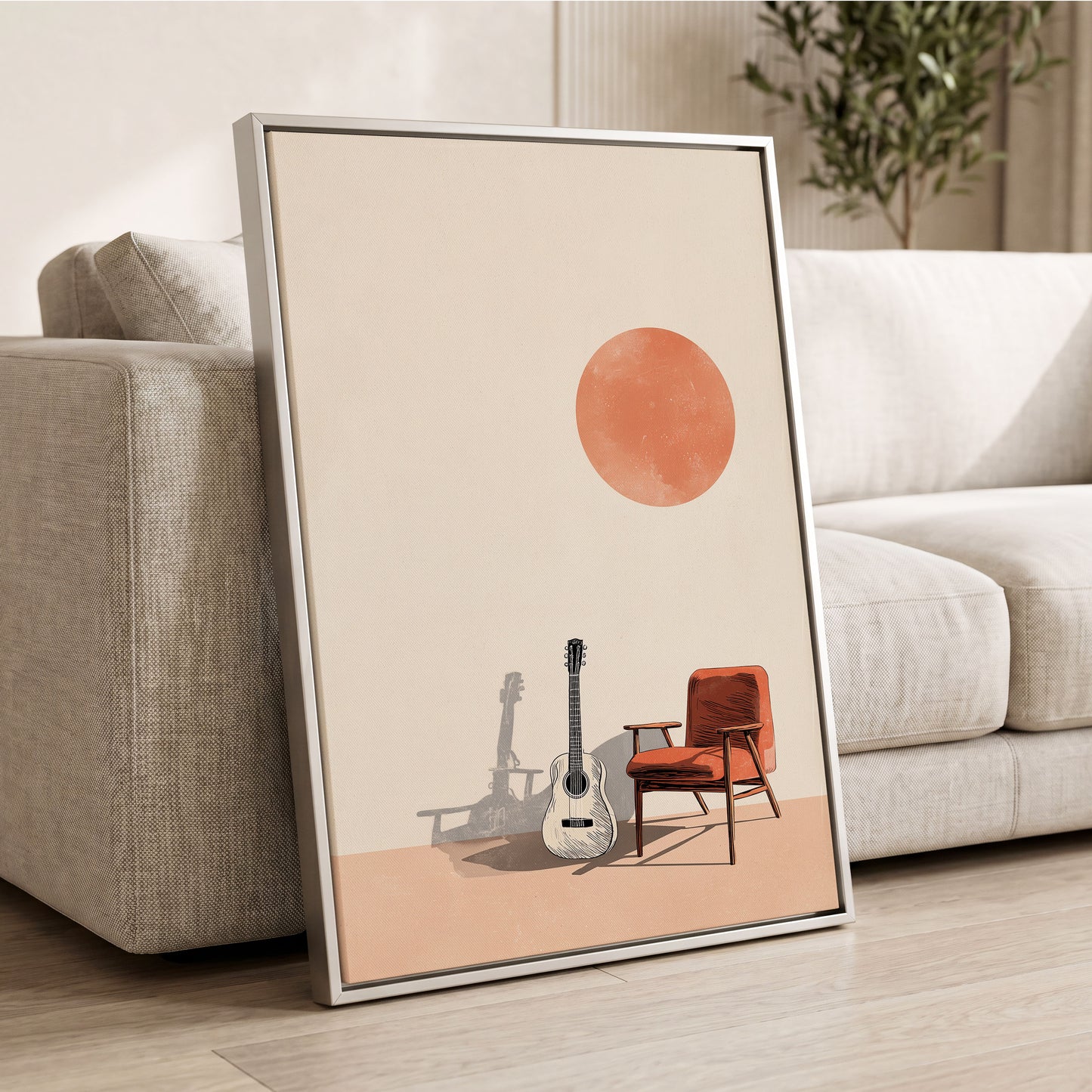 Sunlit Strings, beige, orange, brown minimalist wall art displayed in a styled interior, gallery view 2