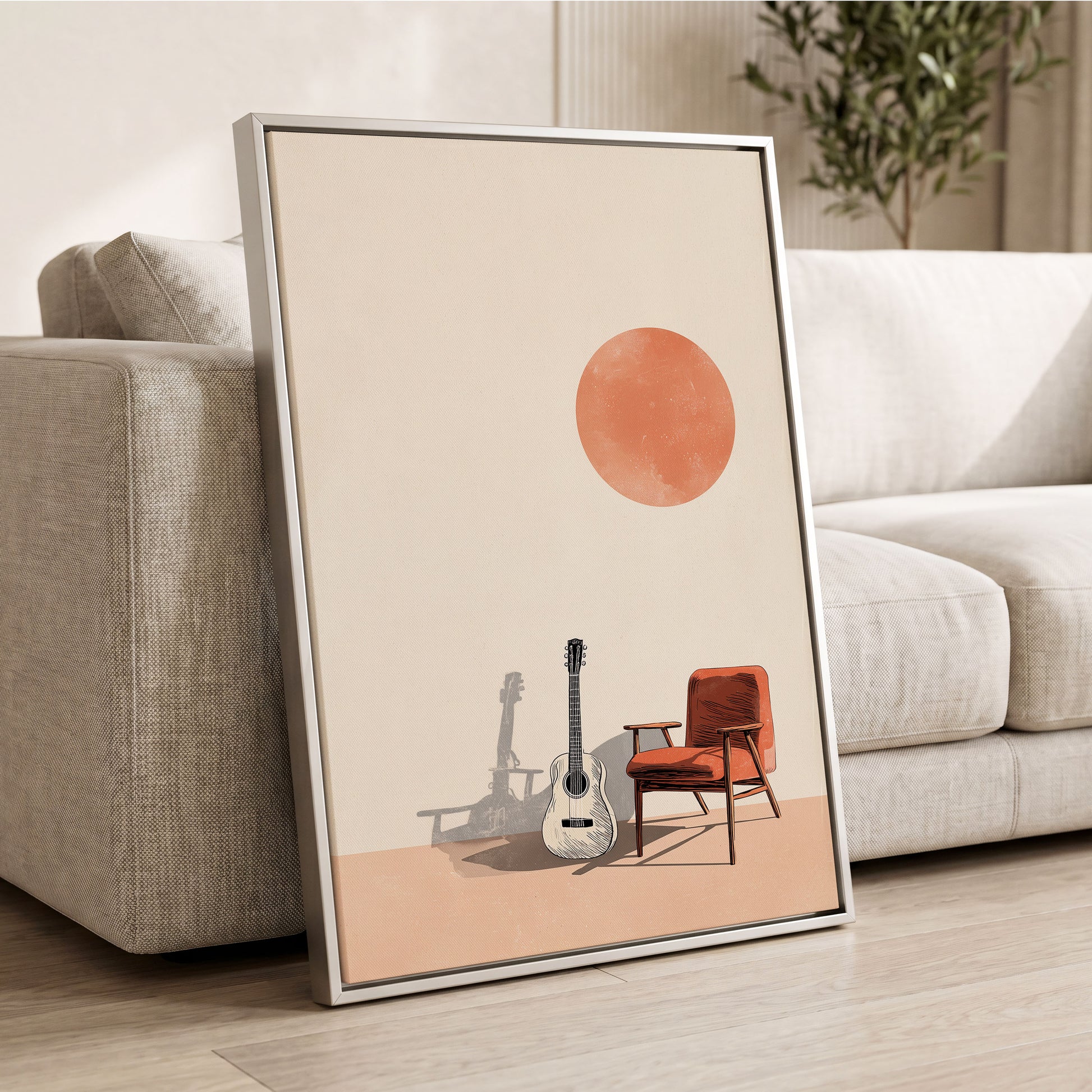 Sunlit Strings, beige, orange, brown minimalist wall art displayed in a styled interior, gallery view 2