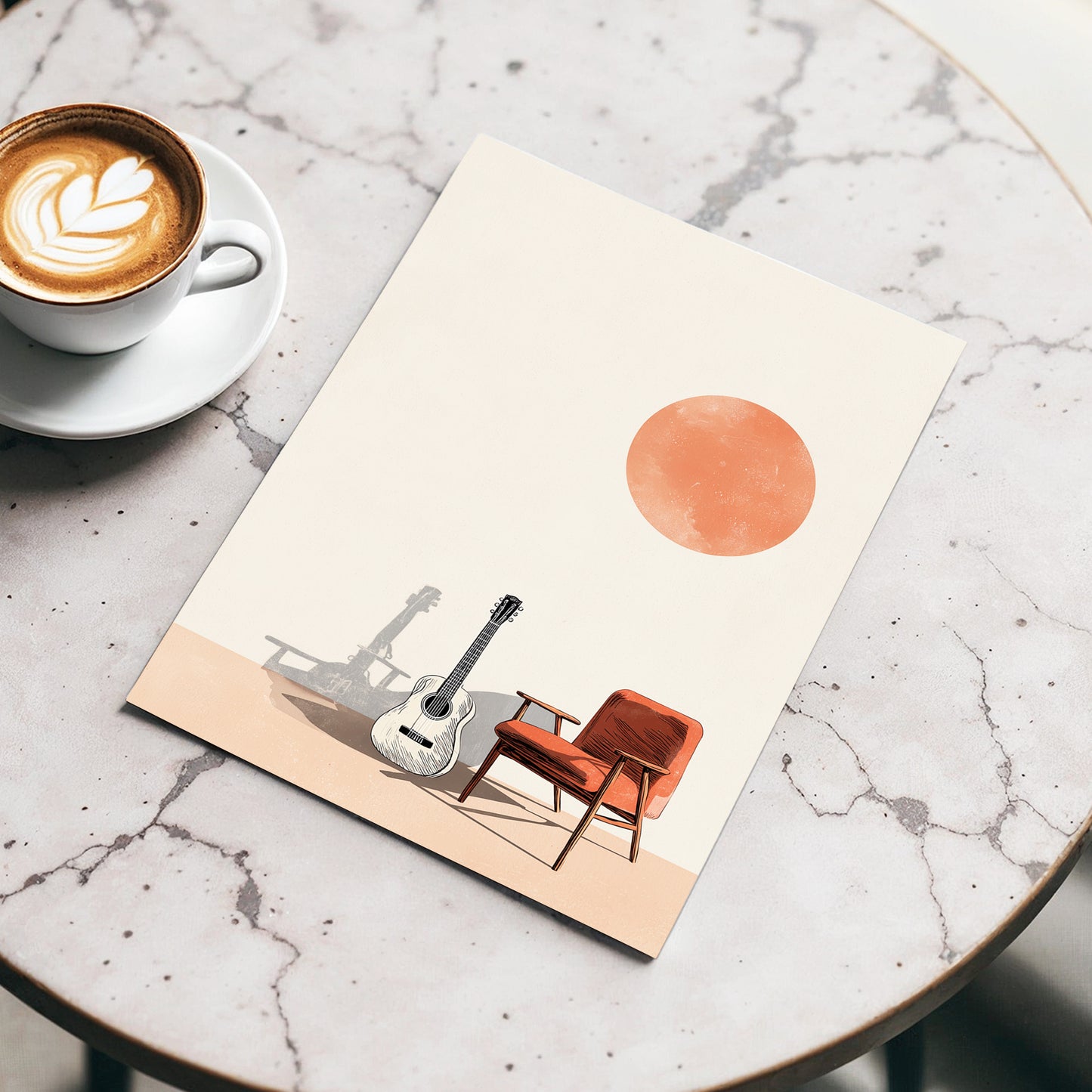 Sunlit Strings, beige, orange, brown minimalist wall art displayed in a styled interior, gallery view 3