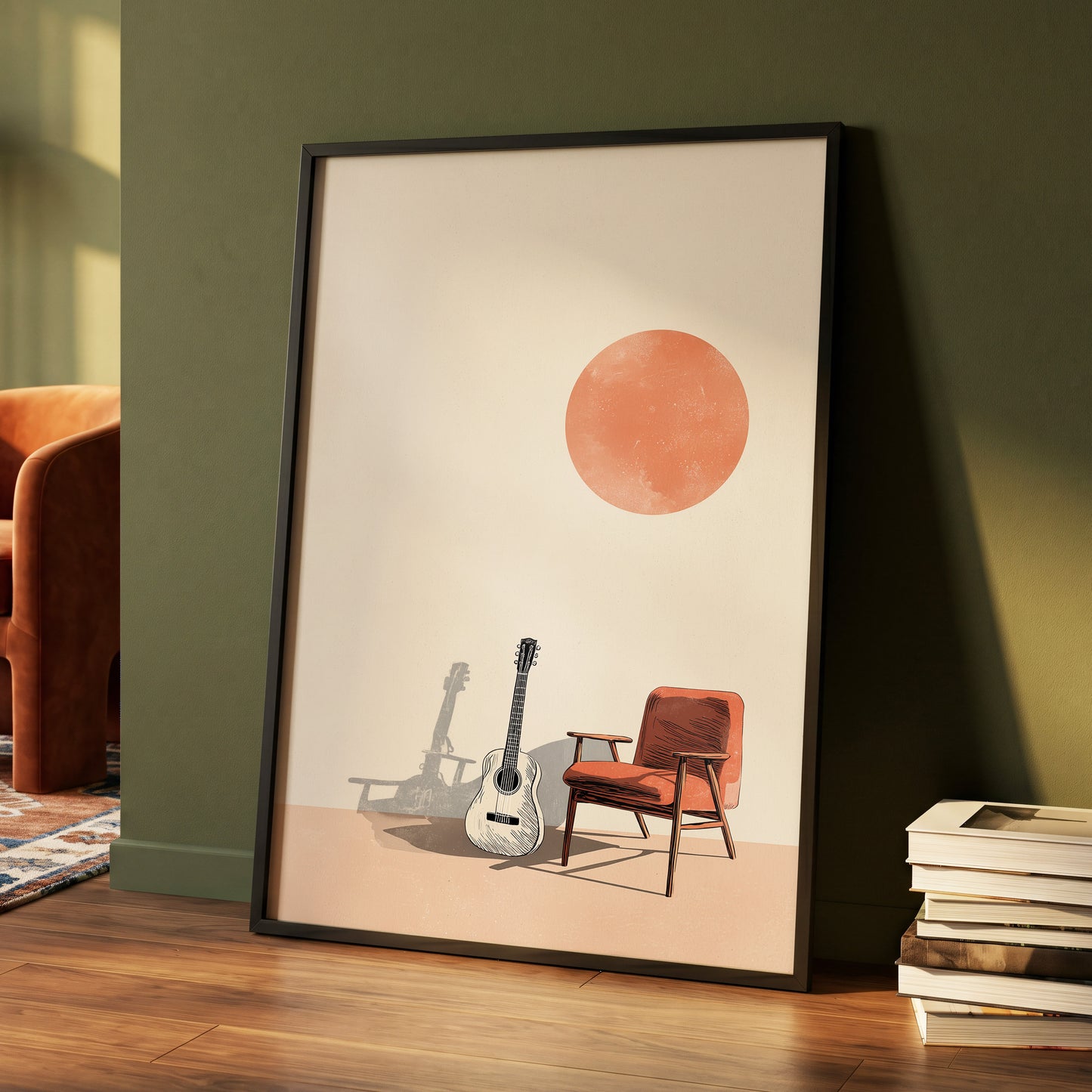 Sunlit Strings, beige, orange, brown minimalist wall art displayed in a styled interior, gallery view 4