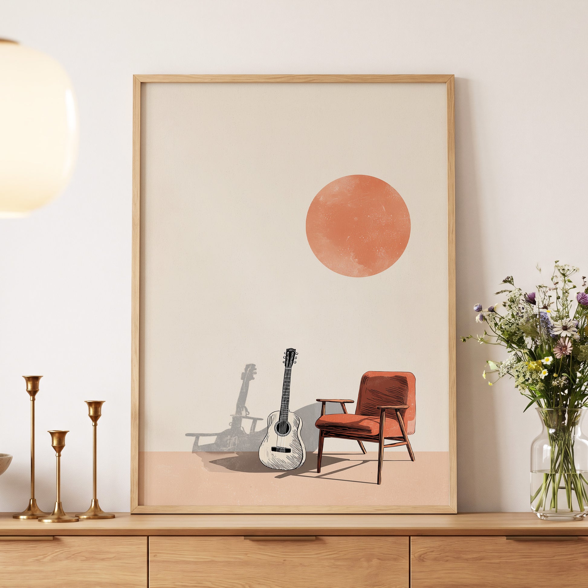 Sunlit Strings, beige, orange, brown minimalist wall art displayed in a styled interior, gallery view 5