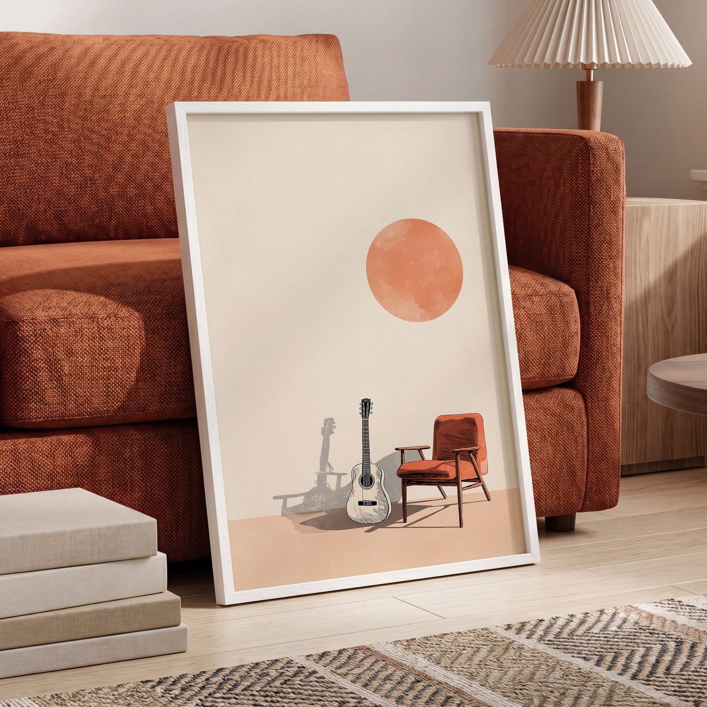 Sunlit Strings, beige, orange, brown minimalist wall art displayed in a styled interior, gallery view 6