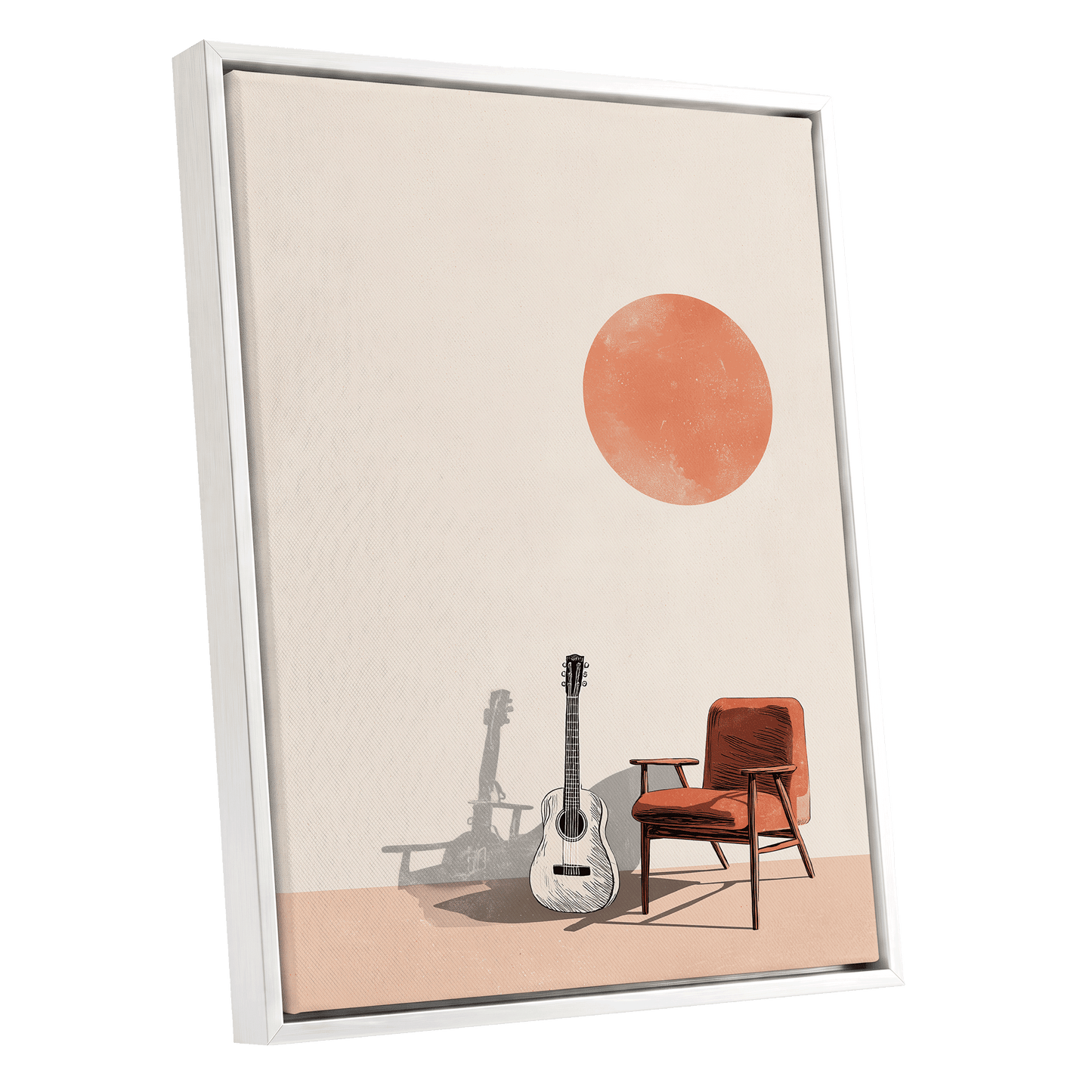 Sunlit Strings, beige, orange, brown minimalist wall art shown as a white framed canvas wall art