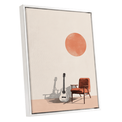 Sunlit Strings, beige, orange, brown minimalist wall art shown as a white framed canvas wall art