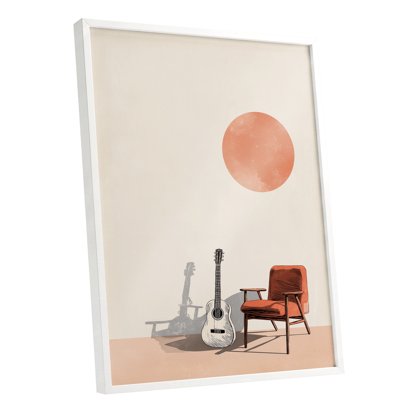 Sunlit Strings, beige, orange, brown minimalist wall art shown as a white framed poster wall art print