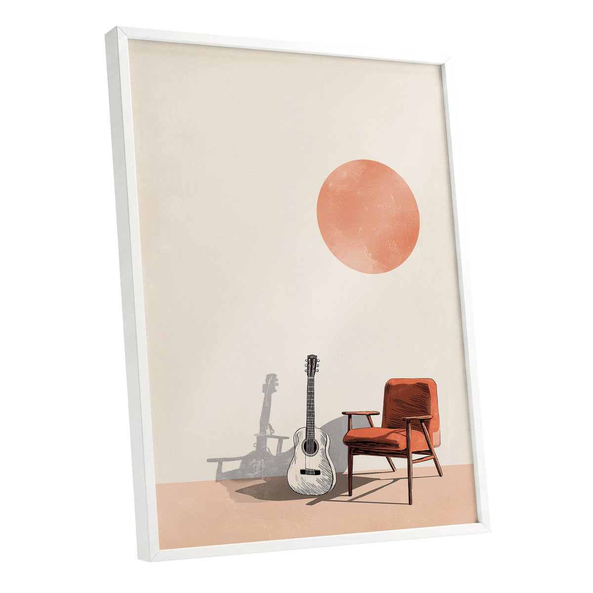 Sunlit Strings, beige, orange, brown minimalist wall art shown as a white framed poster wall art print