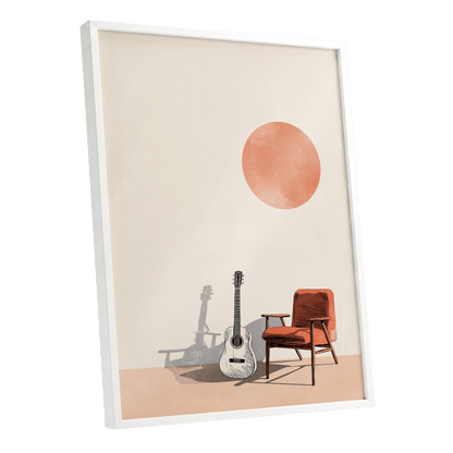 Sunlit Strings, beige, orange, brown minimalist wall art shown as a white framed poster wall art print