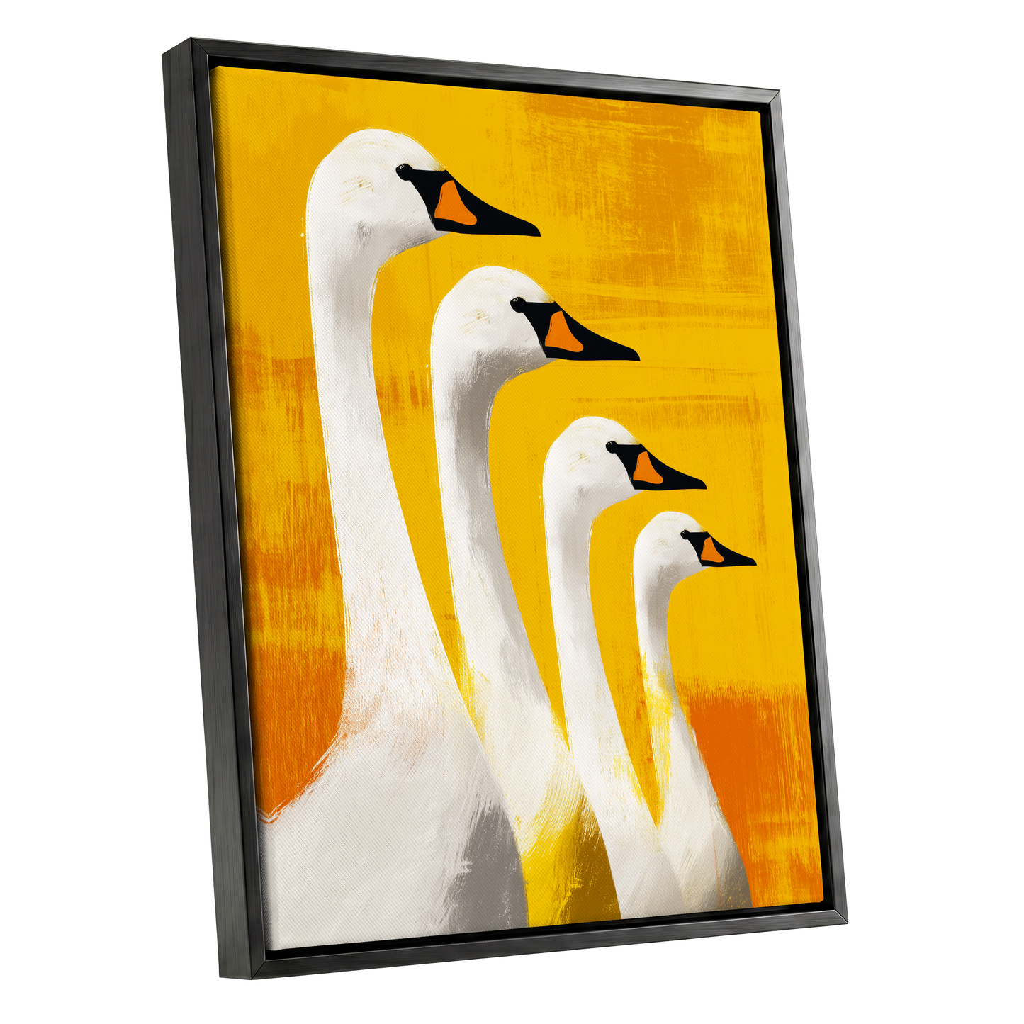 Sunlit Swan Line-Up, white, black, yellow nature wall art shown as a black framed canvas wall art