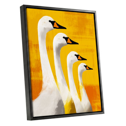 Sunlit Swan Line-Up, white, black, yellow nature wall art shown as a black framed canvas wall art