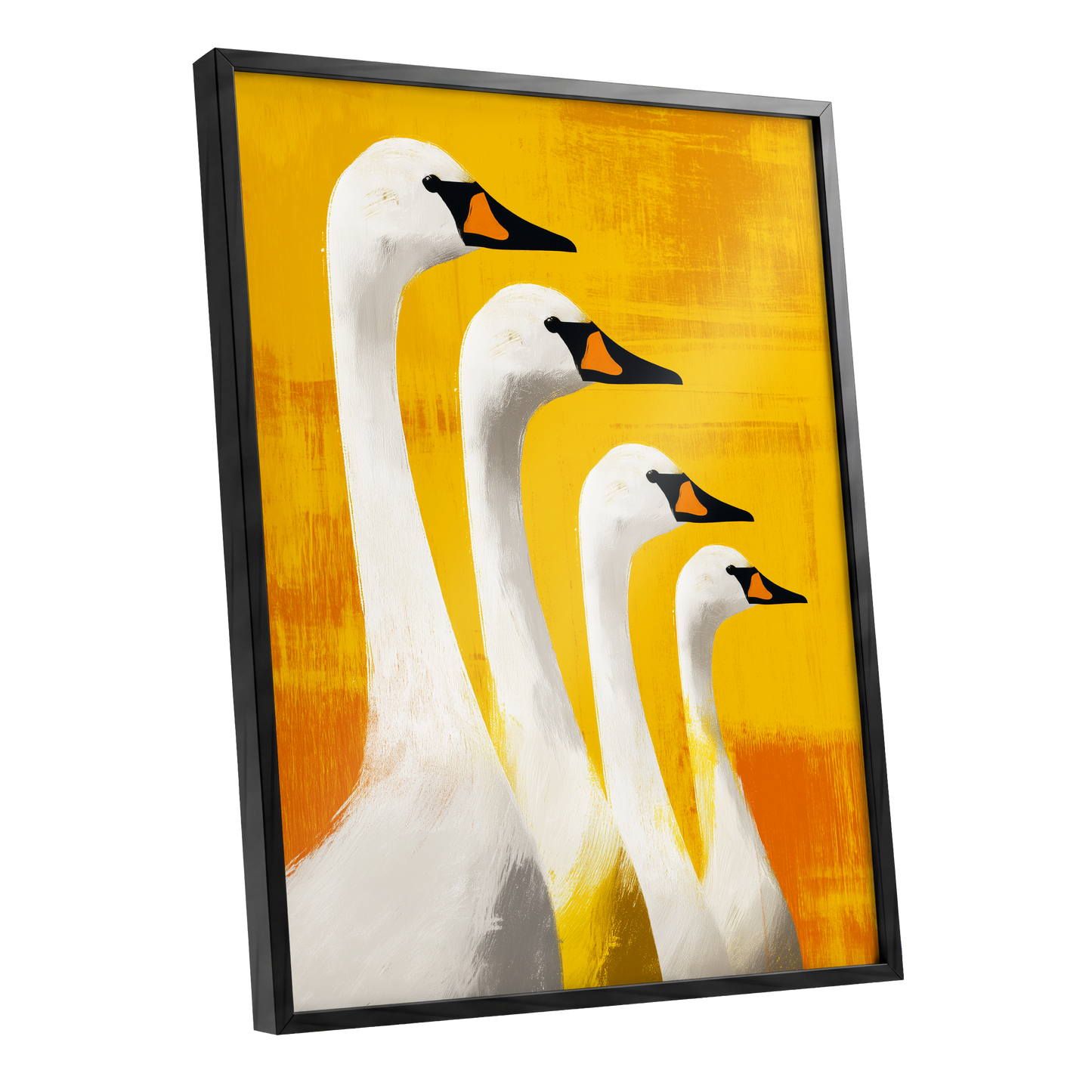 Sunlit Swan Line-Up, white, black, yellow nature wall art shown as a black framed poster wall art print