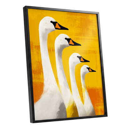 Sunlit Swan Line-Up, white, black, yellow nature wall art shown as a black framed poster wall art print