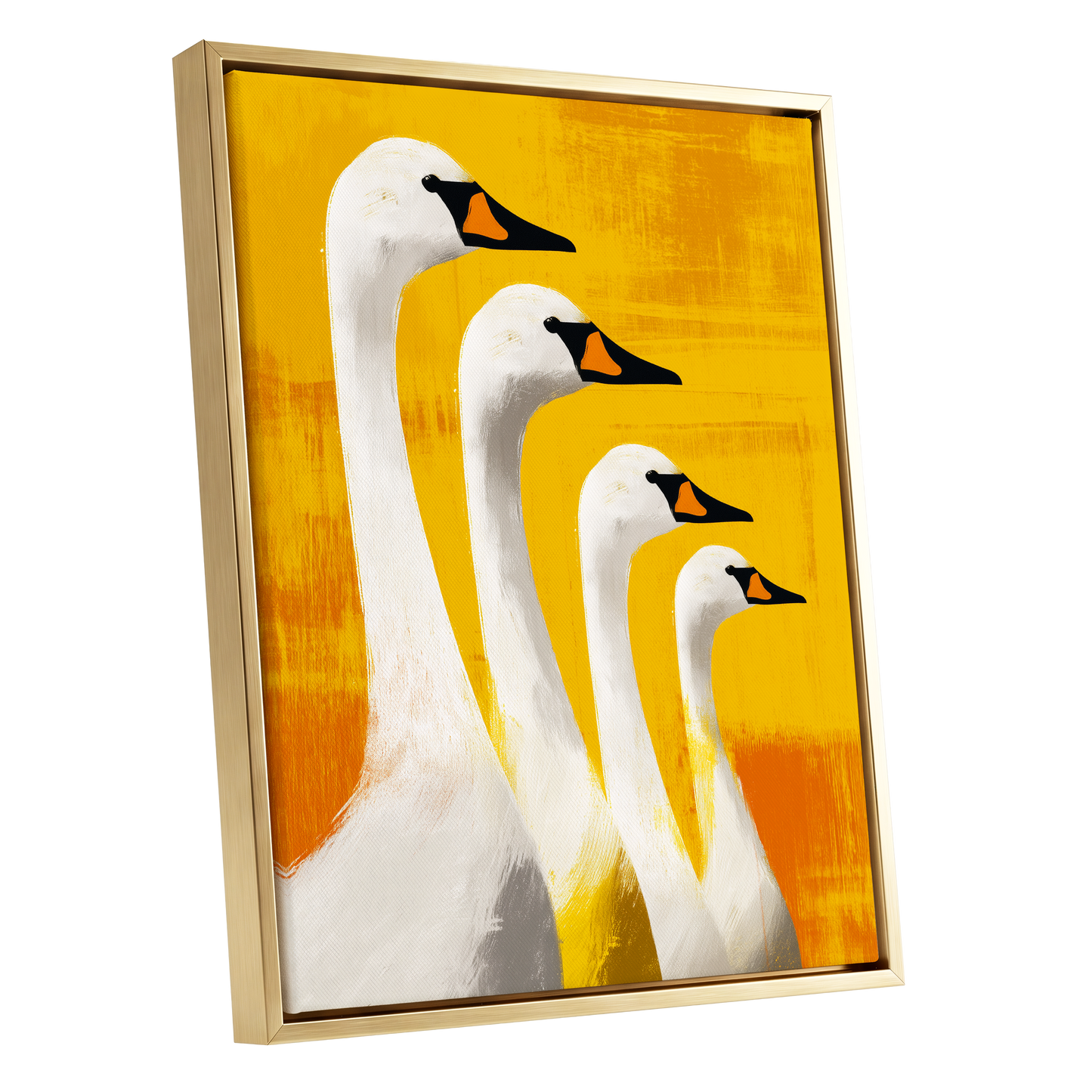 Sunlit Swan Line-Up, white, black, yellow nature wall art shown as a gold framed canvas wall art