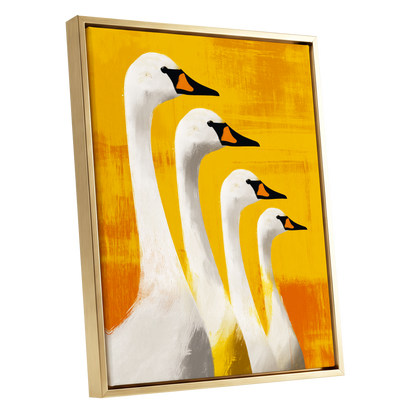 Sunlit Swan Line-Up, white, black, yellow nature wall art shown as a gold framed canvas wall art
