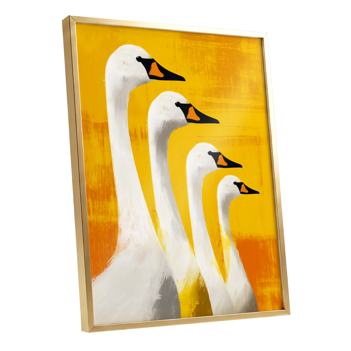 Sunlit Swan Line-Up, white, black, yellow nature wall art shown as a gold framed poster wall art print