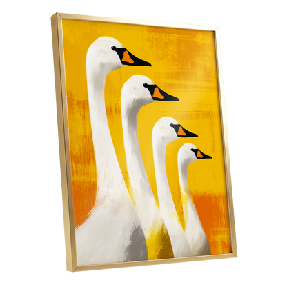 Sunlit Swan Line-Up, white, black, yellow nature wall art shown as a gold framed poster wall art print