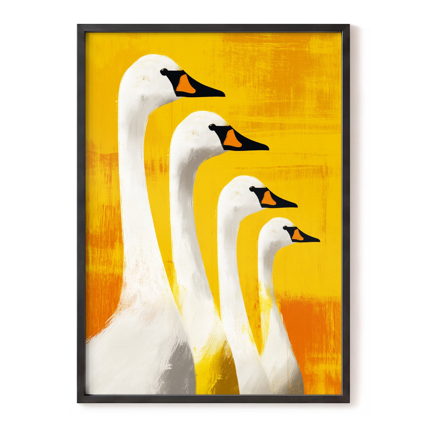 Sunlit Swan Line-Up, white, black, yellow nature wall art, front artwork view