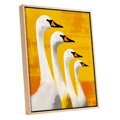 Sunlit Swan Line-Up, white, black, yellow nature wall art shown as a oak framed canvas wall art