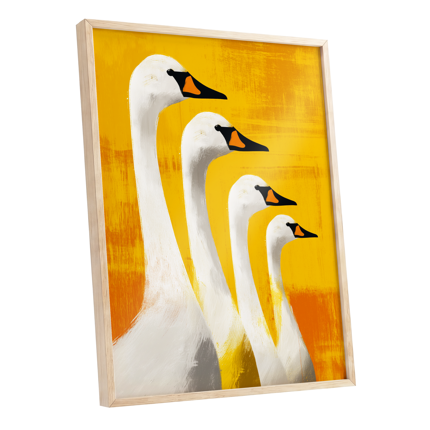 Sunlit Swan Line-Up, white, black, yellow nature wall art shown as a oak framed poster wall art print