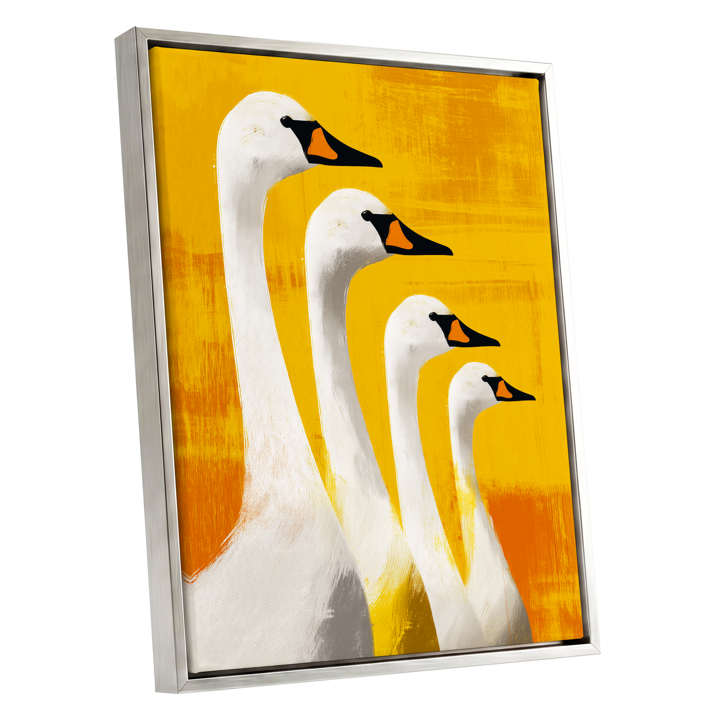 Sunlit Swan Line-Up, white, black, yellow nature wall art shown as a silver framed canvas wall art